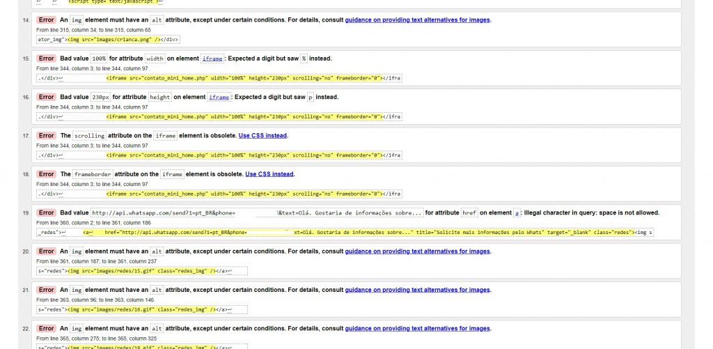 Imagem que mostra uma lista de erros da w3c