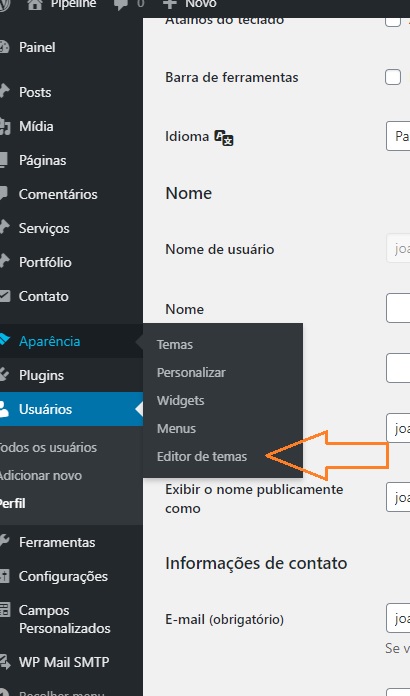 imagem que mostra onde encontramos o editor de temas do wordpress