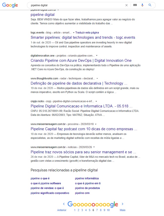 Screenshot que mostra a pipeline na página 6 do google.