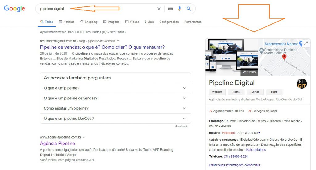 Imagem que mostra a ficha da pipeline no google meu negócio