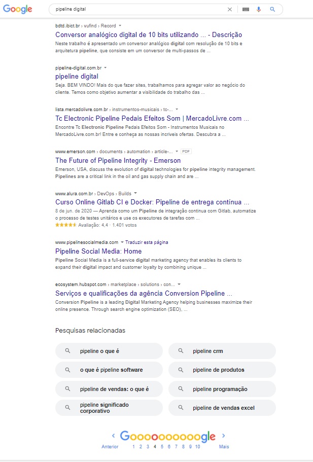 Imagem de um screenshot do resultado de pesquisa do google que mostra a pipeline na página 4