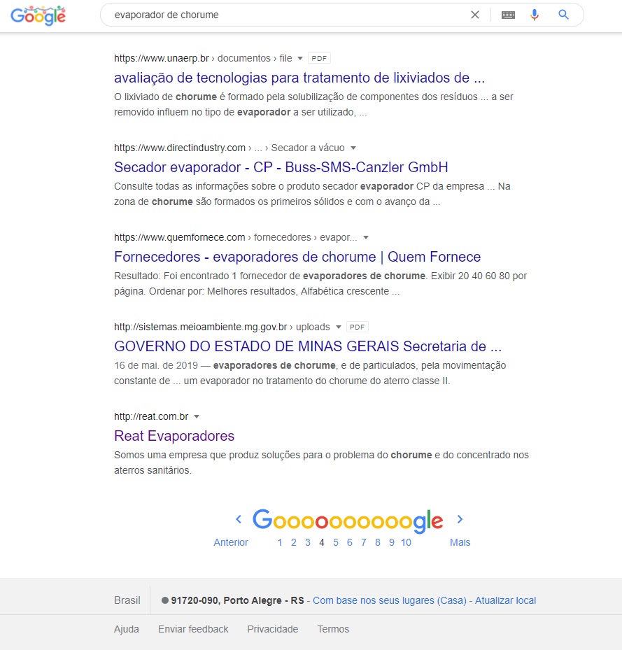 Imagem de um screenshot do resultado de pesquisa do google que mostra a Reat na página 4