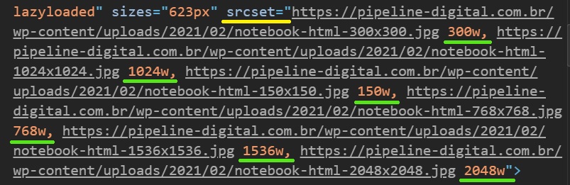 Imagem que mostra o atributo srcset e as sugesto~es de tamanhos de uma tag img