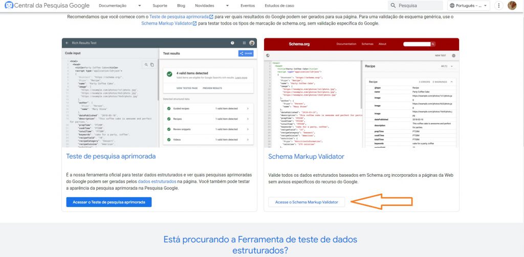 Imagem que mostra o print screen da ferramenta da google que testa os dados estruturados dos sites publicados na internet