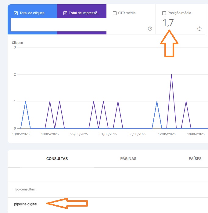 Print screen do Google Search Condsole que mostra o site da pipeline na primeira posição quando as pessoas procuram po Pipeline Digital