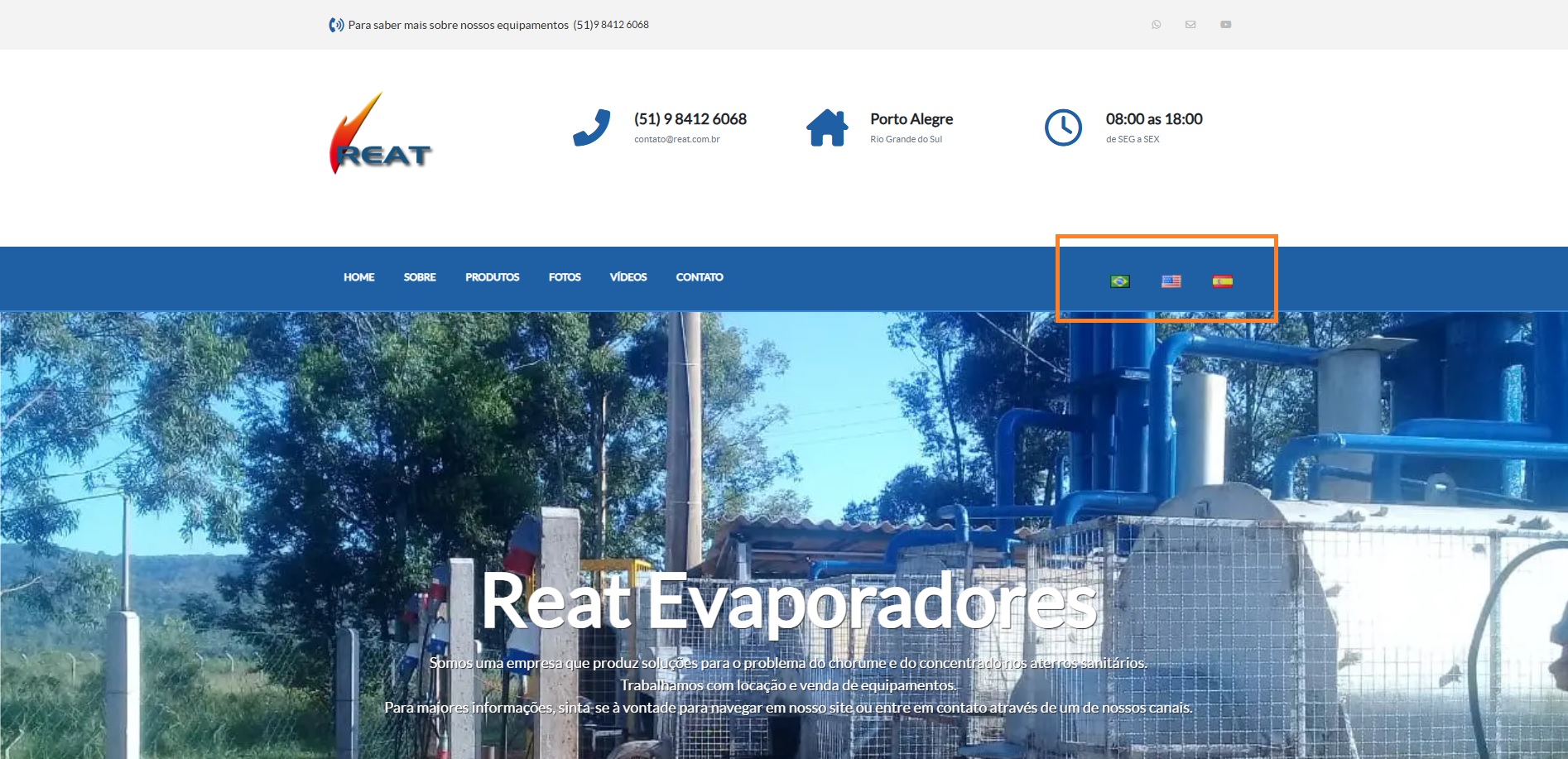 Imagem que mostra as bandeiras que permitem o visitante do site da Reat escolher o idioma que prefere.