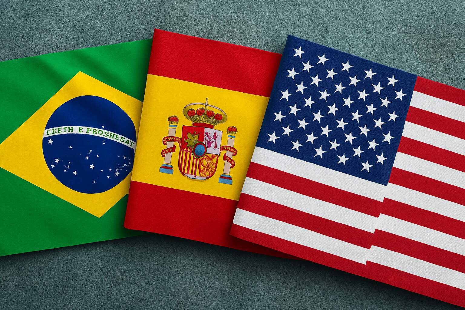 Site multi-idioma - temos. Imagem que mostra as bandeiras do Brasil, da Espanha e dos Estados Unidos.